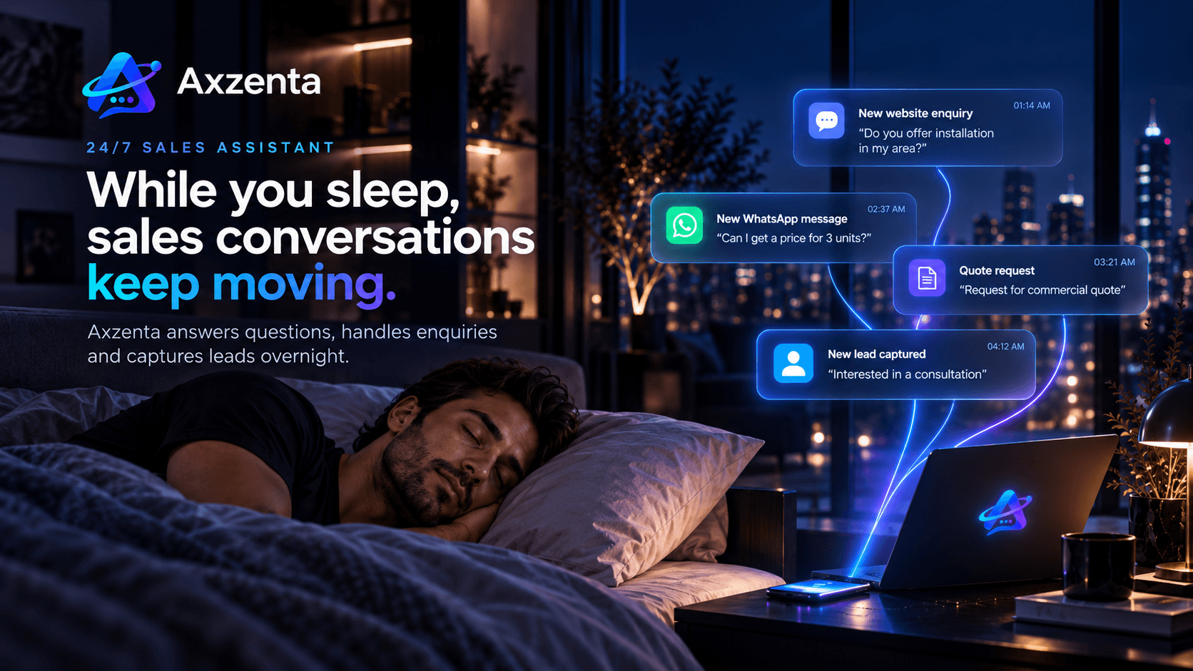 Axzenta 24/7 Sales Assistant handling customer enquiries, quote requests and lead capture while a business owner sleeps.